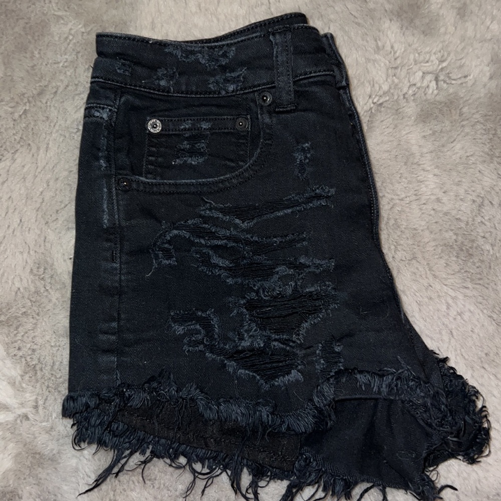 American Eagle Outfitters Stretch Black Ripped Jean High-Rise Shorts, Women’s 2 - Picture 4 of 8